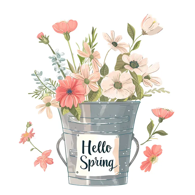 Hello Spring with Pink and White Flowers in Bucket