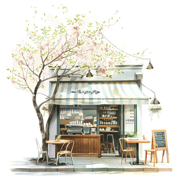 Cute Small Cafe with Blossoming Tree