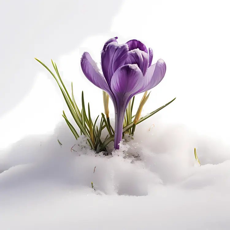 Purple Crocus Blooming in Snow