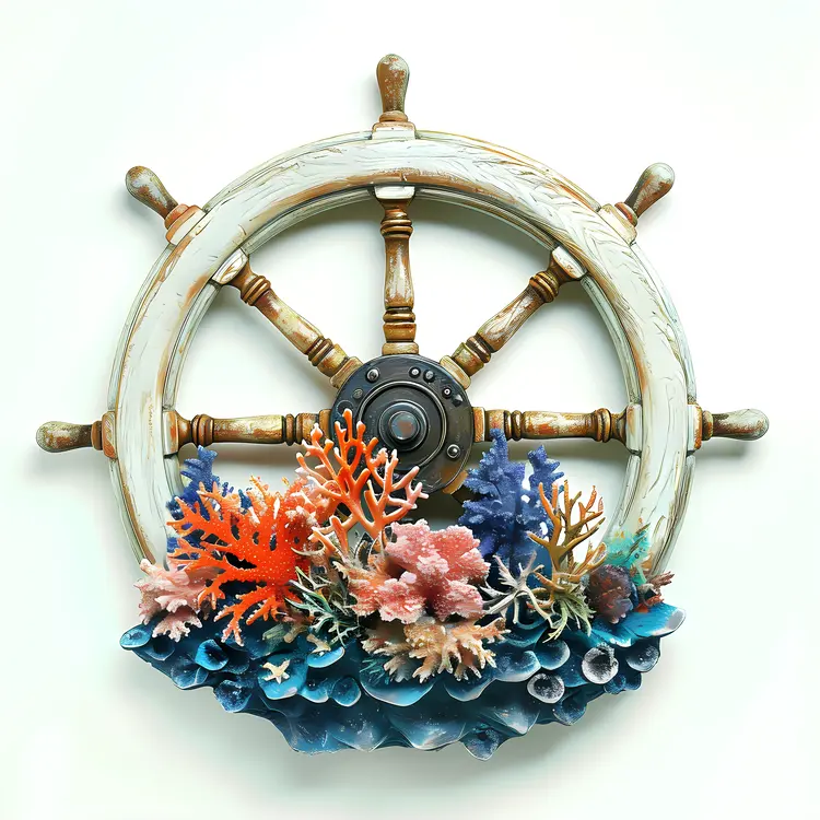 Ship Wheel with Coral and Ocean