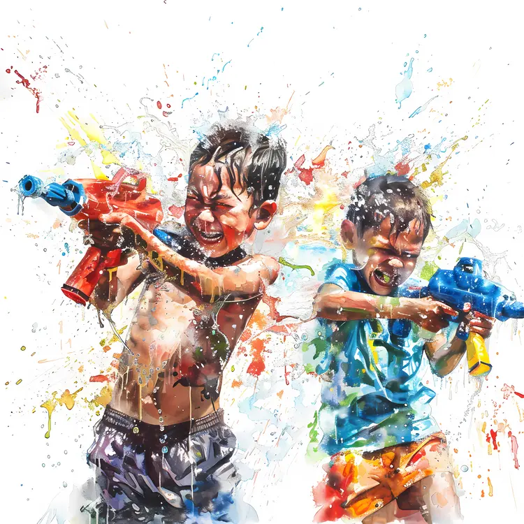 Children Playing with Water Guns