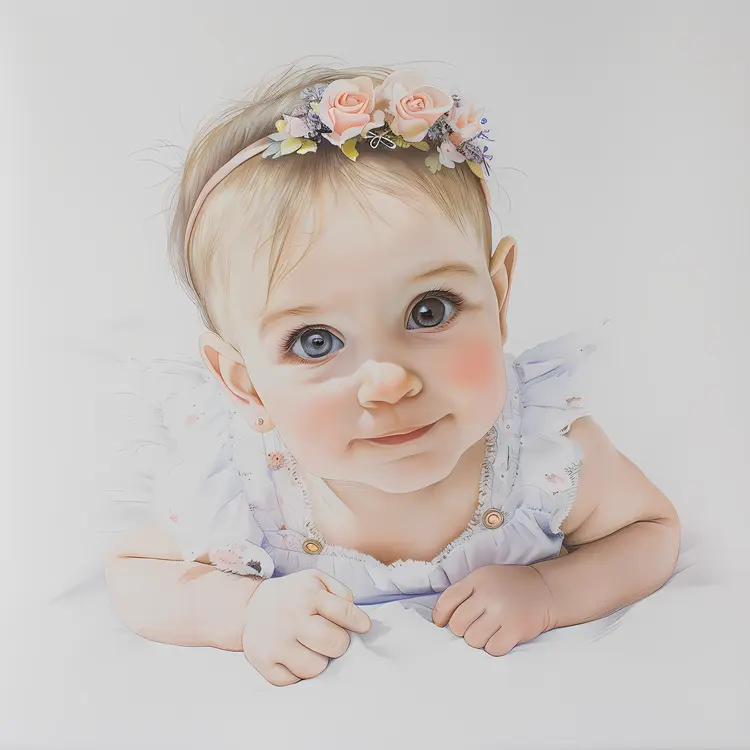 Baby with Flower Headband in Detailed Drawing