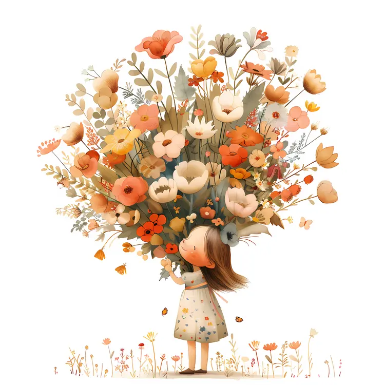 Girl Admiring a Large Bouquet of Flowers