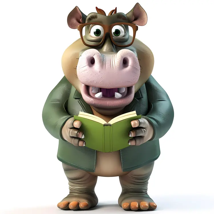 Cartoon Hippo Reading a Book