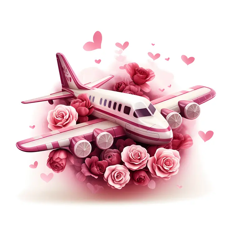 Airplane Surrounded by Roses and Hearts