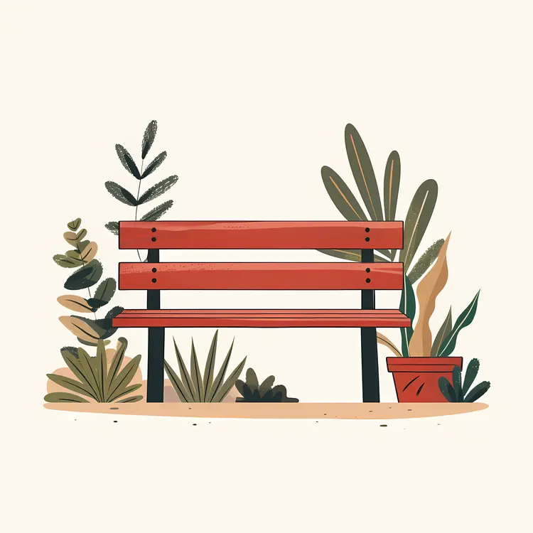 Red Bench with Plants and Pots