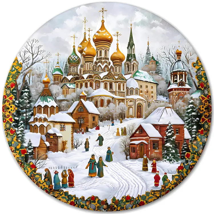 Winter Russian Village with Church and People