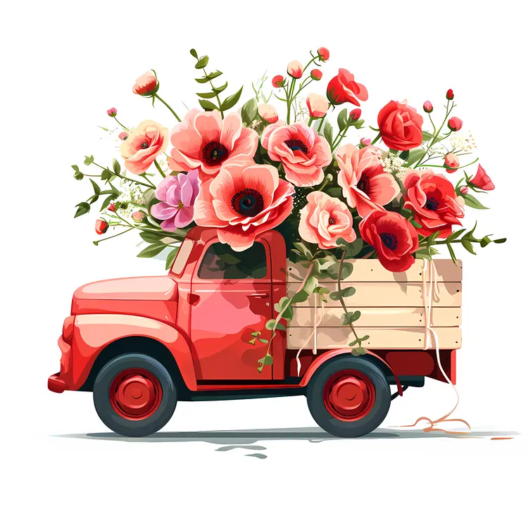 Red Flower Truck with Poppies and Leaves