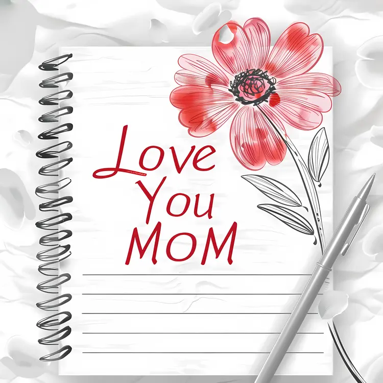 Love You Mom Card with Flower and Notebook