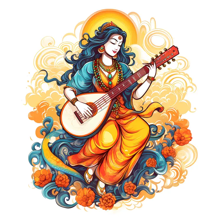 Divine Goddess Playing Veena with Colorful Background