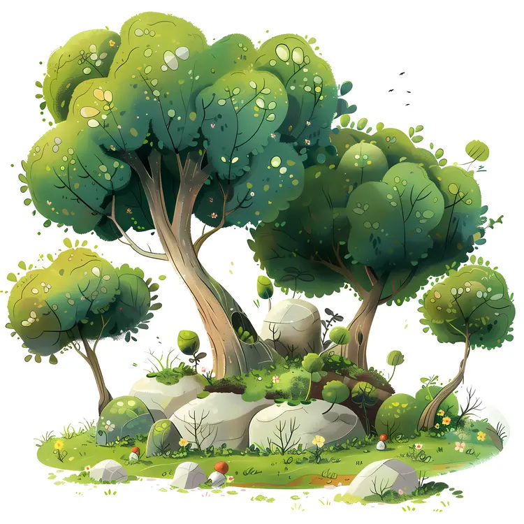 Lush Trees and Rocks in Nature