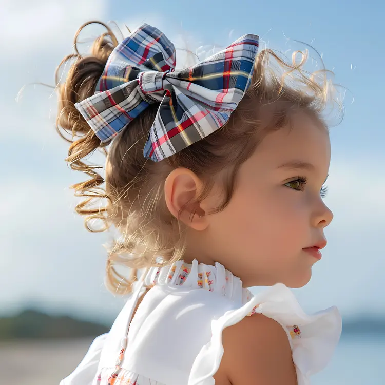 Cute Girl with Large Plaid Bow Outdoors