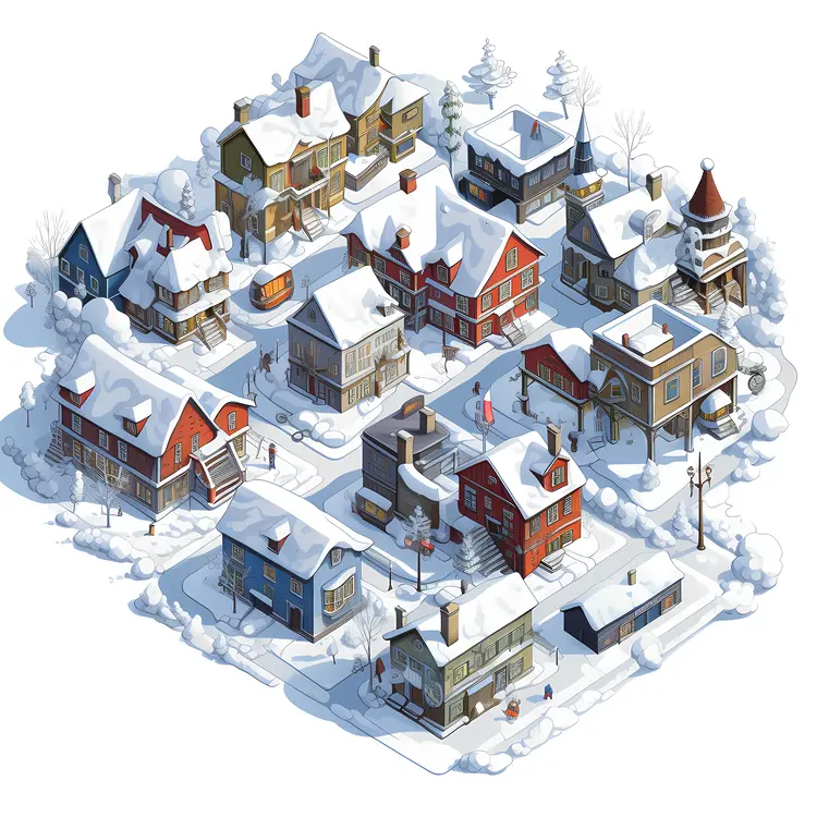 Snowy Winter Neighborhood with Victorian Houses
