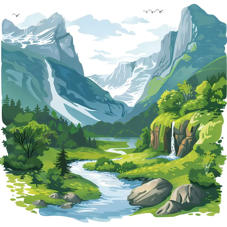 Mountain Landscape with River and Waterfall