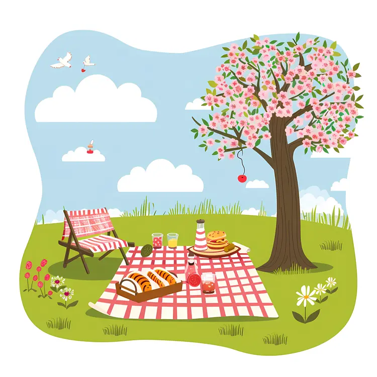 Picnic Scene with Food and Tree Illustration