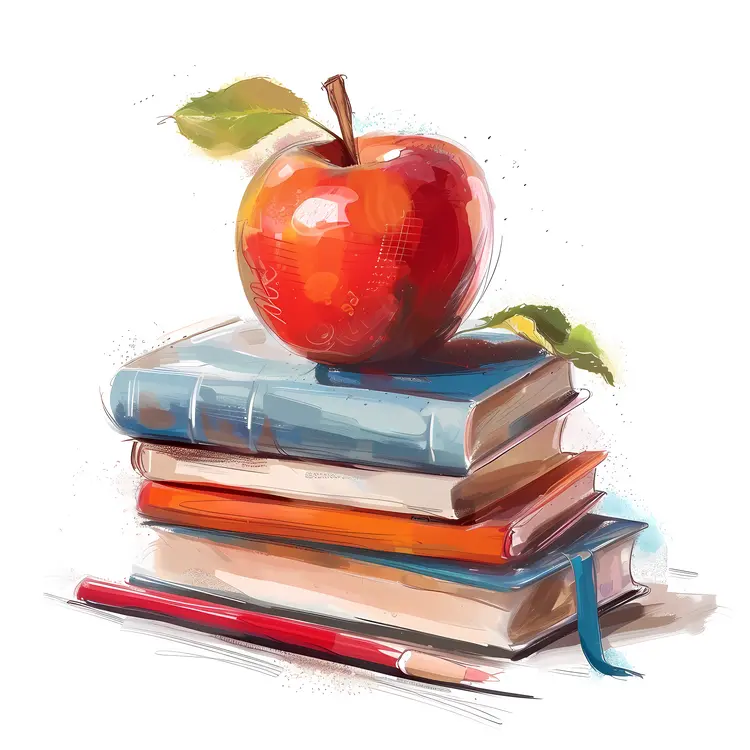 Apple on Stack of Books with Pencil