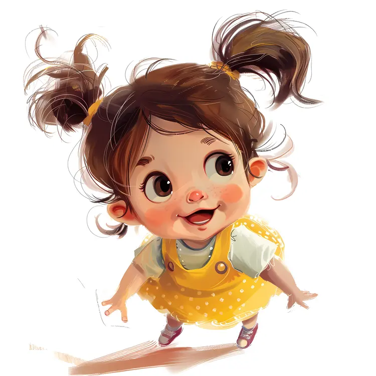 Happy Baby in Yellow Dress with Pigtails