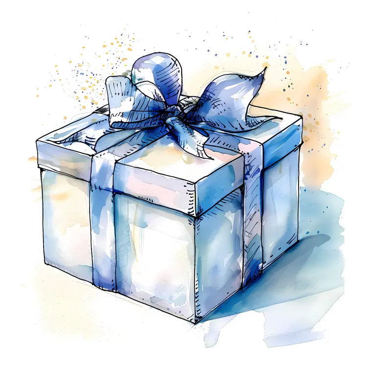 Blue Gift Box with Ribbon in Watercolor Style