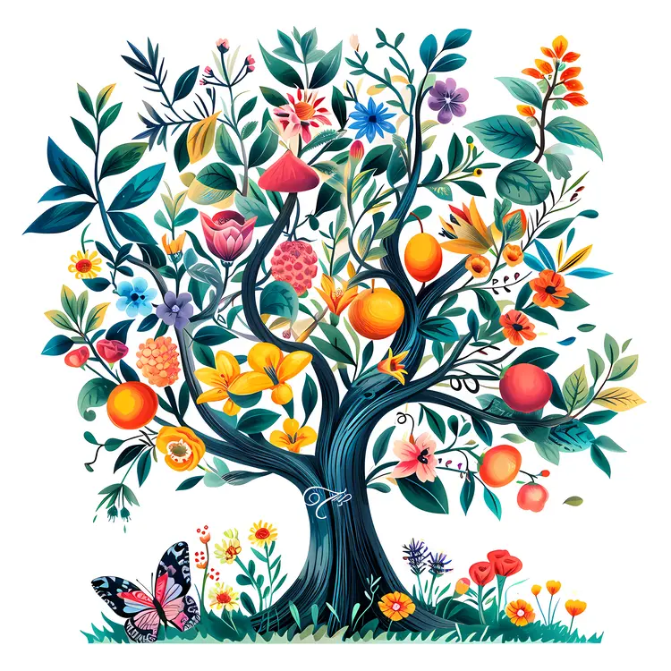 Colorful Tree with Fruits and Flowers