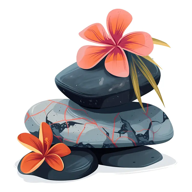 Zen Stacked Stones with Orange and Pink Flowers