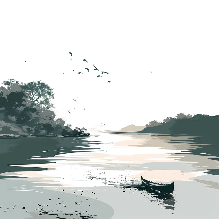 Serene River with Boat and Birds