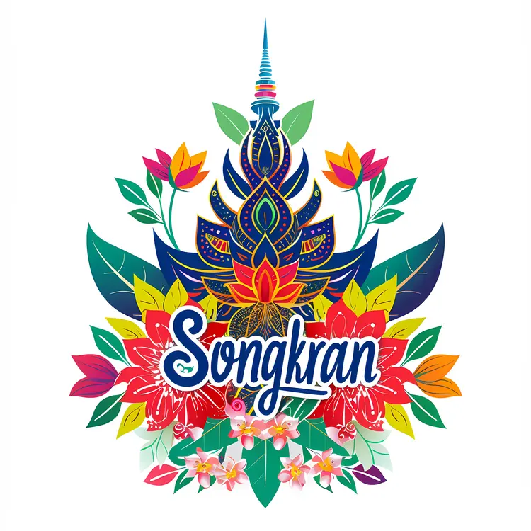 Traditional Songkran Festival Illustration with Flowers and Temple