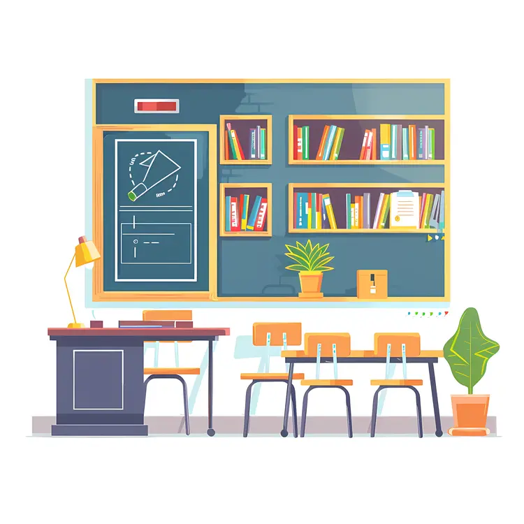 Classroom with Desks and Bookshelves