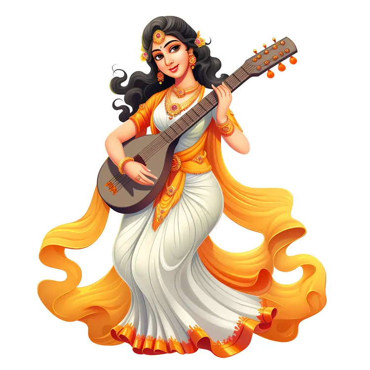 Divine Goddess Playing Veena in White and Orange Attire