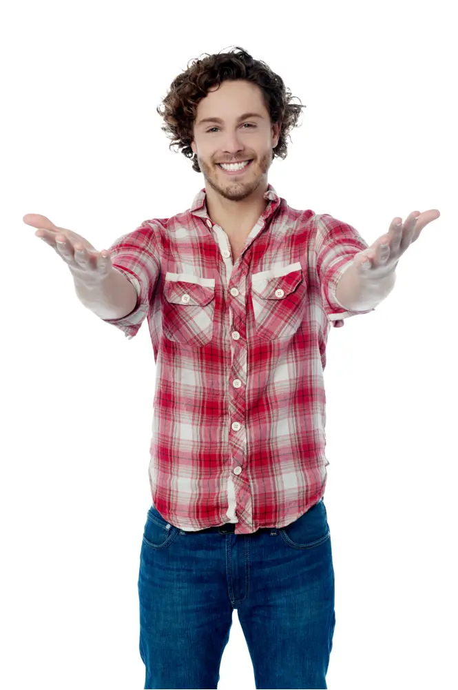 Smiling Man with Open Arms in Casual Outfit