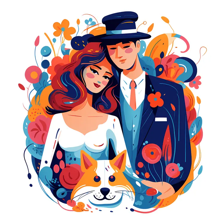 Romantic Couple with Dog and Flowers Illustration