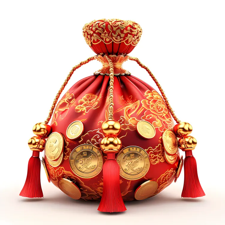 Red and Gold Decorative Bag with Coins for Chinese New Year