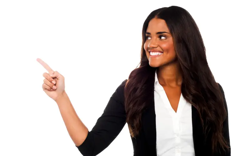 Smiling Woman Pointing in Business Attire