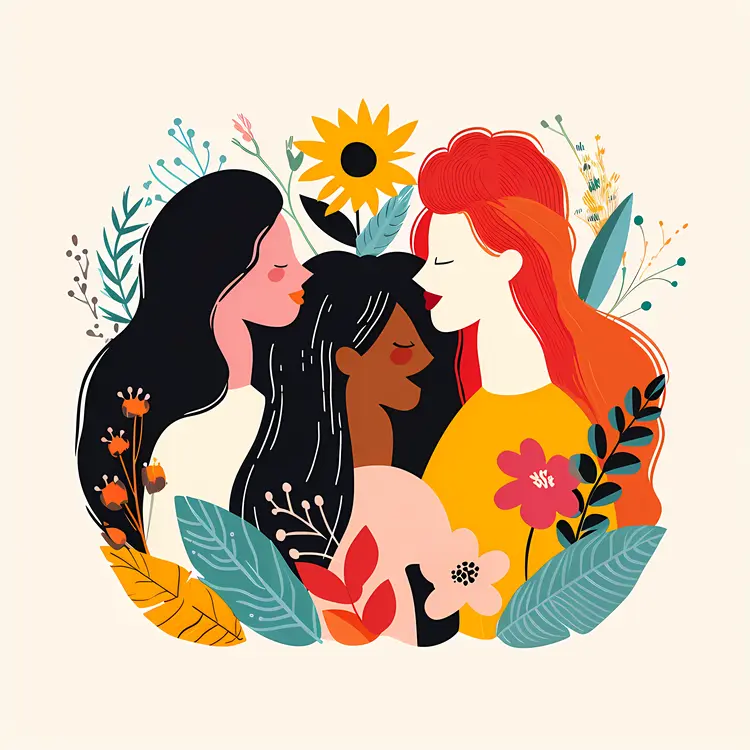 Three Women with Floral Background