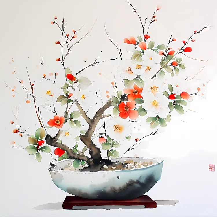White and Red Flowers in Bowl with Branches