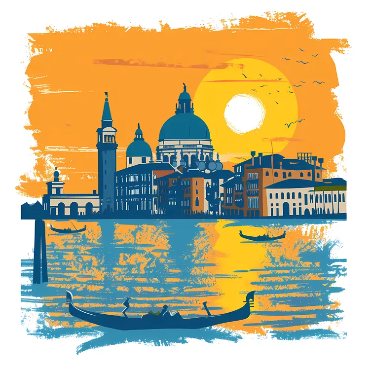 Buildings and Domes at Sunset with Gondolas in Venice