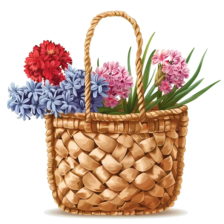 Illustration of Basket with Red and Blue Flowers