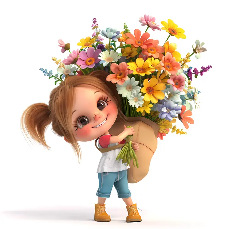 Girl Holding a Large Bouquet of Colorful Daisies