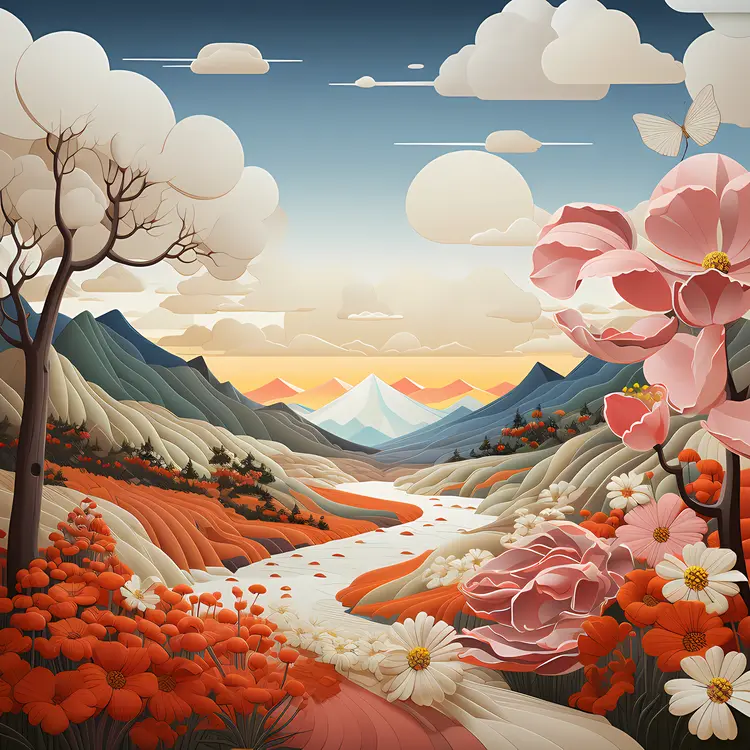 Scenic Landscape with Flowers and River