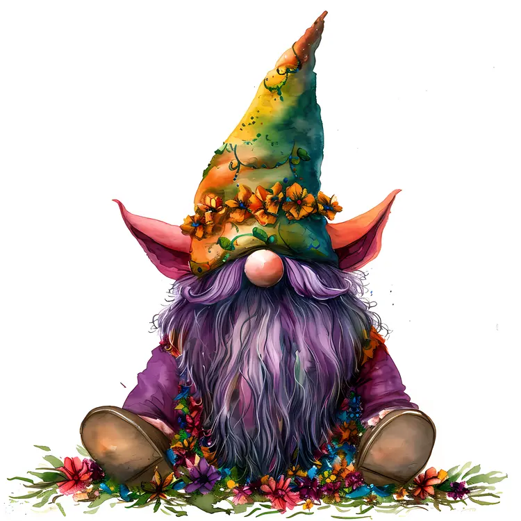 Gnome with Floral Hat and Purple Beard