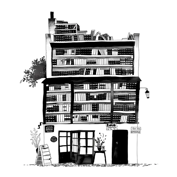 Black and White Bookstore Illustration