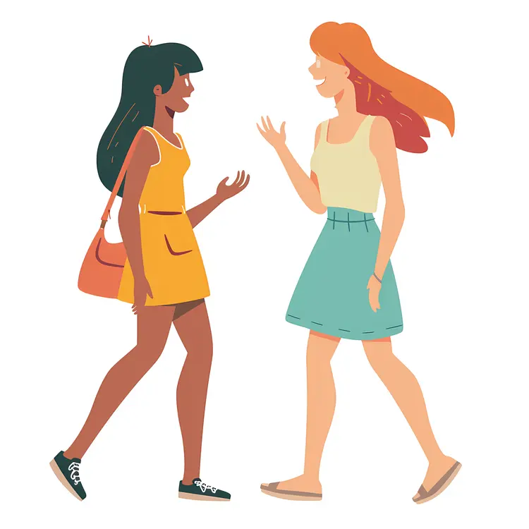 Two Women Talking and Walking