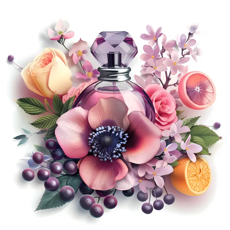 Purple Perfume Bottle with Floral Arrangement