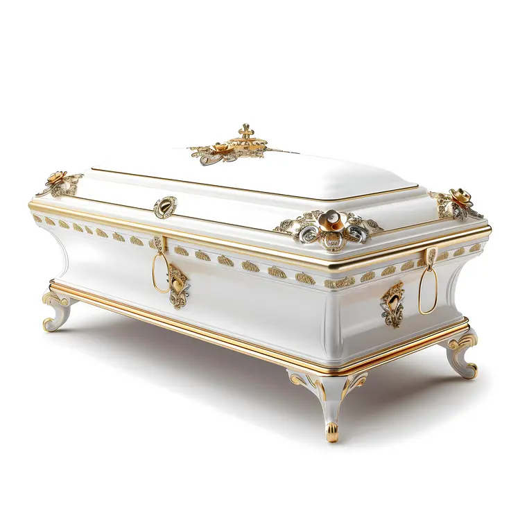 White Decorative Casket with Gold Accents and Floral Design