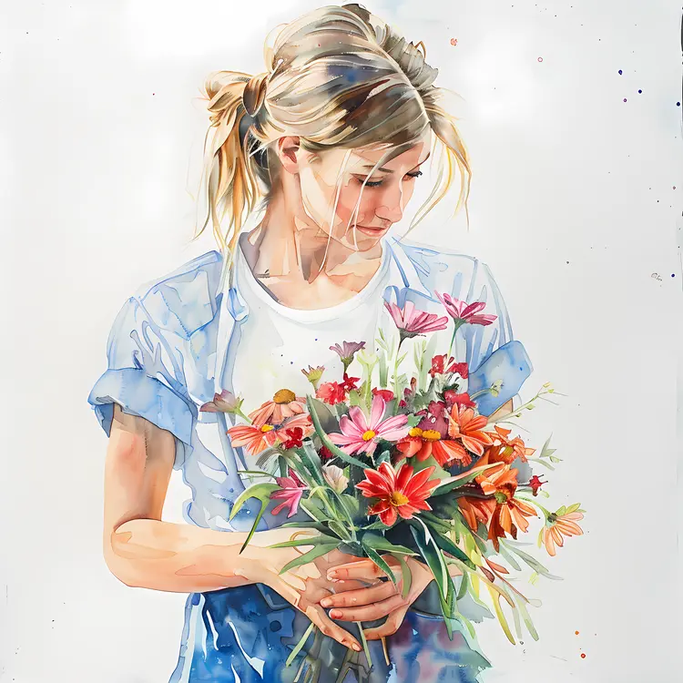 Girl Holding a Bouquet of Flowers