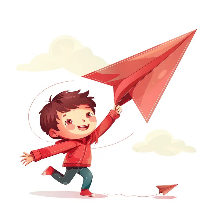 Boy Playing with Red Paper Airplane