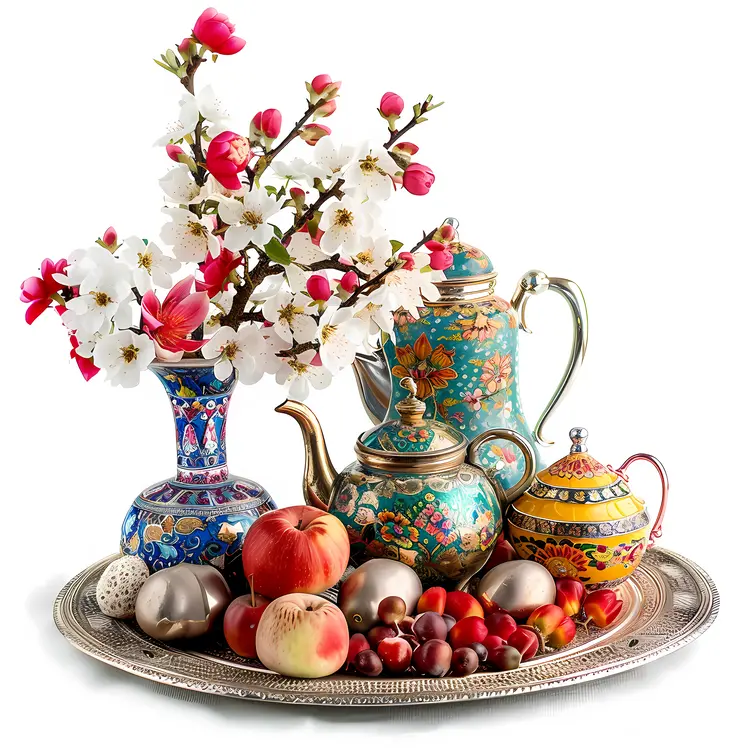 Decorative Tea Set with Fruits and Blossoms