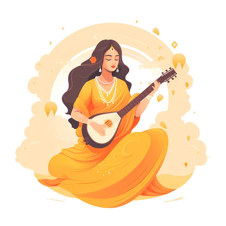 Woman Playing Sitar in Traditional Dress Illustration