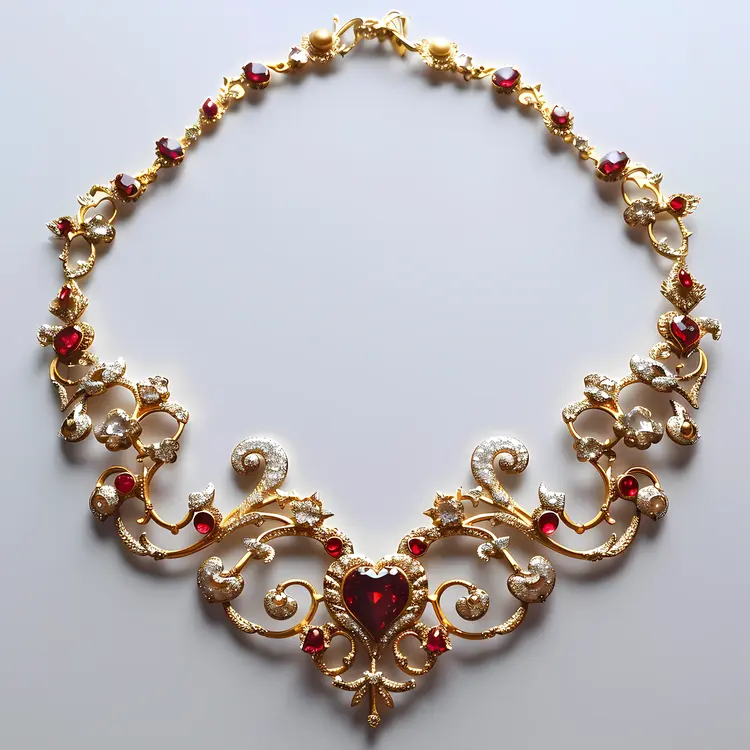 Ornate Gold Necklace with Red Heart-shaped Gems