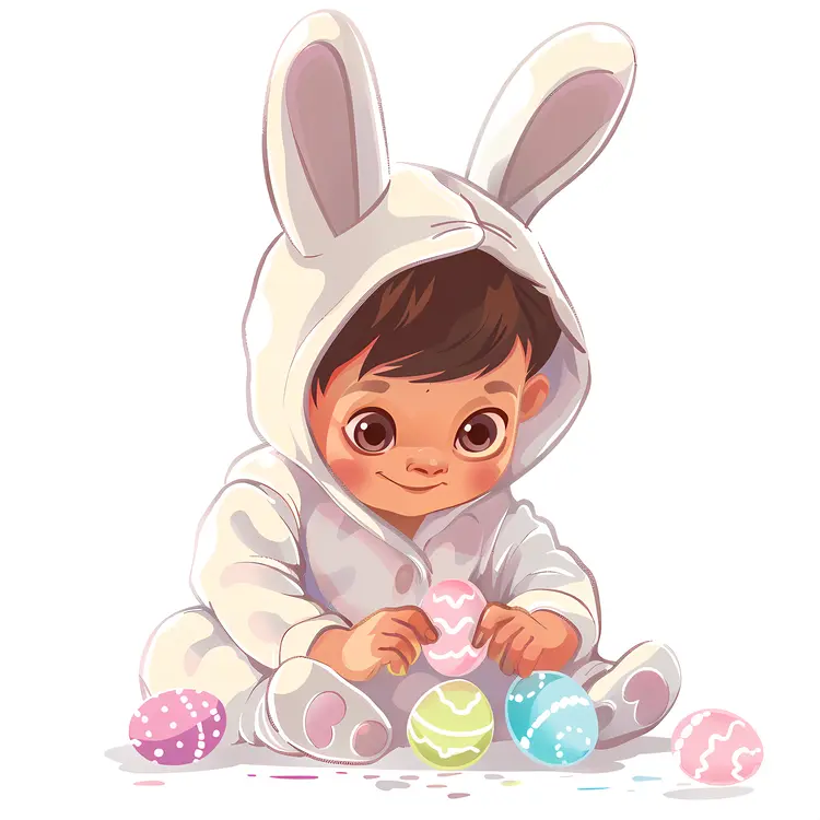 Cute Baby in Bunny Costume with Easter Eggs