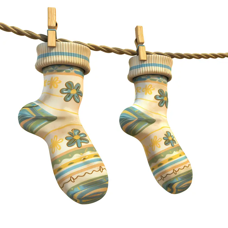 Patterned Socks Hanging on Clothesline